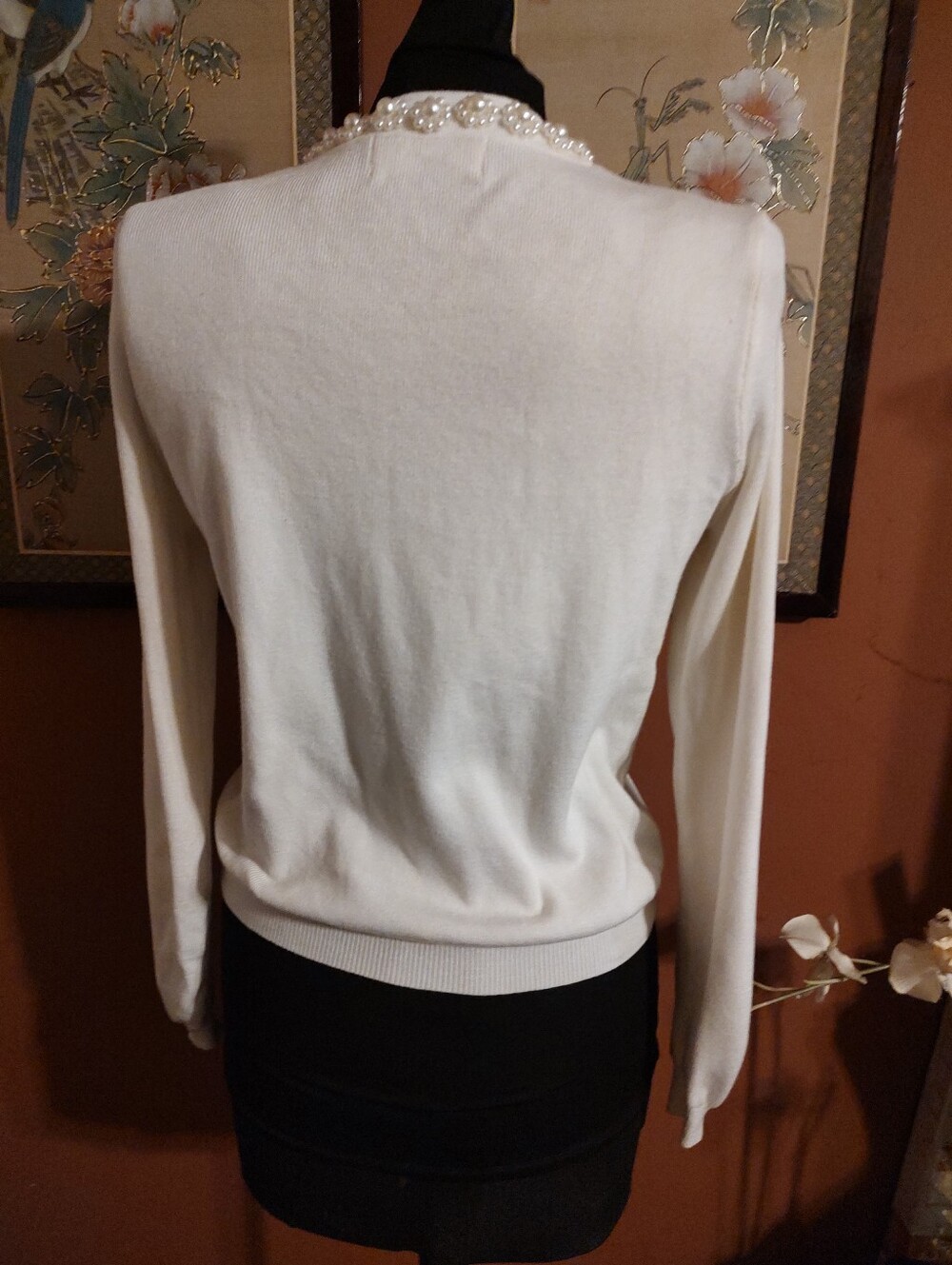 🎀🌹🎀 Dazzling Elaborate Faux Pearl Chantilly Cream Ivory Sweater Cardigan - M - Picture 5 of 16